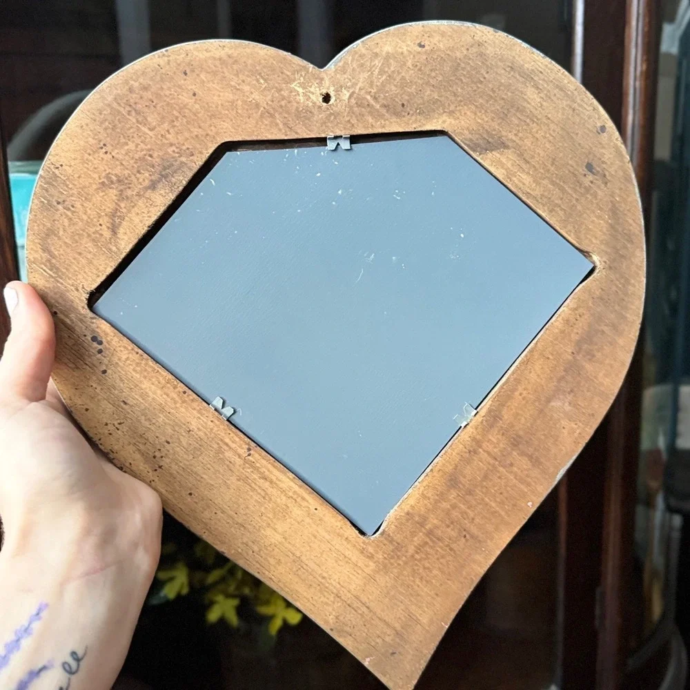 Cottagecore Vintage Heart Shaped Hand Painted Floral Wood Wall Mirror Decor Vtg